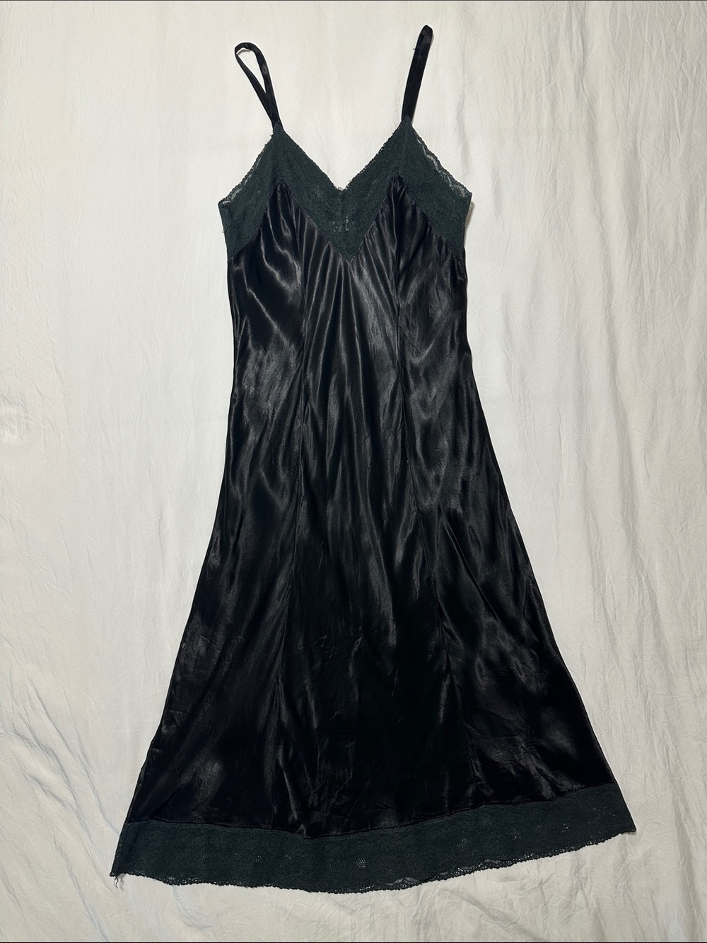 Rare Vintage 1930s Radelle Black Satin Slip Dress Green Lace Size Small